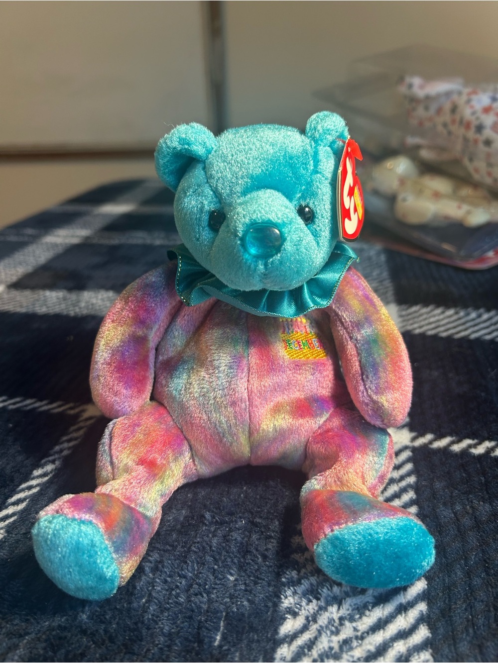 Ty Multicolor Tie-Dye Bear Plush with Teal Head and Paws